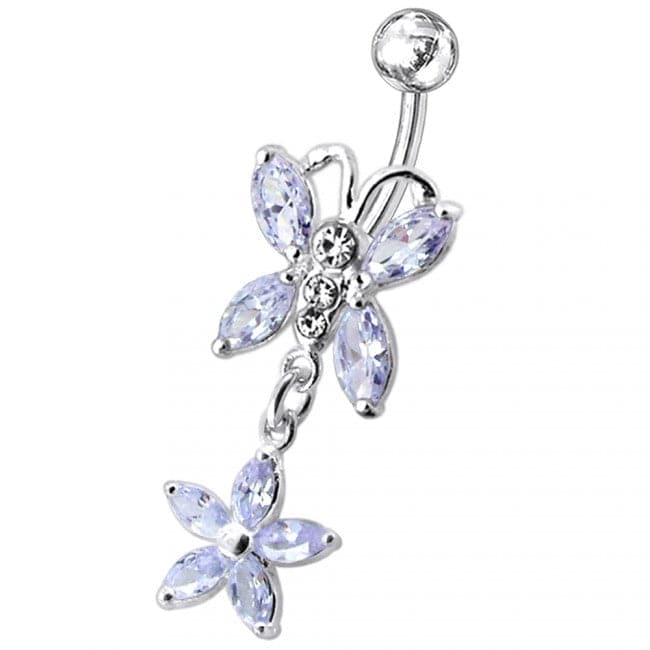 Butterfly and Flower Dangling Navel Belly Ring - Monster Piercing