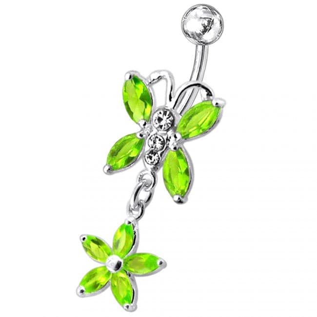 Butterfly and Flower Dangling Navel Belly Ring - Monster Piercing