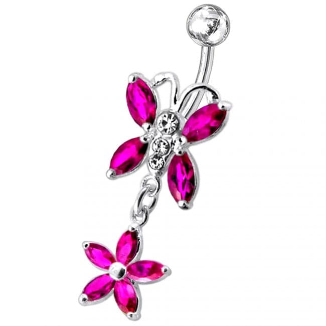 Butterfly and Flower Dangling Navel Belly Ring - Monster Piercing