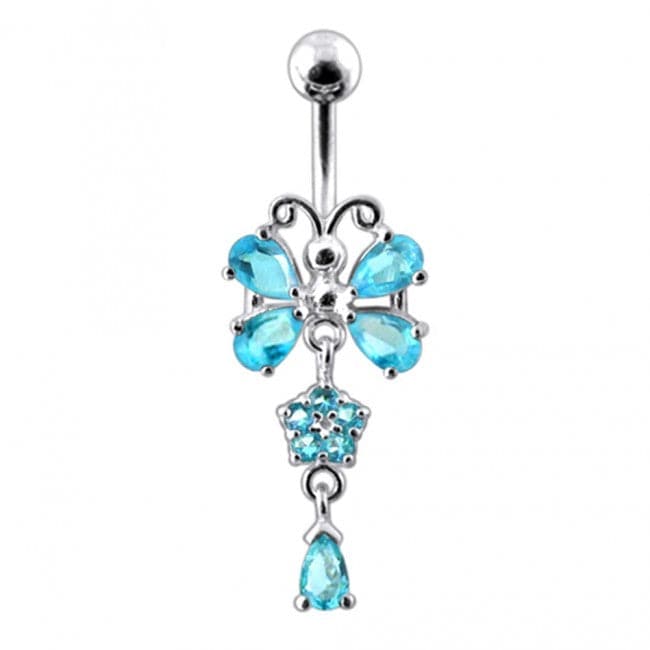 925 Sterling silver Butterfly With Flower Dangling Belly Ring - Monster Piercing