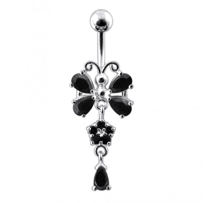 925 Sterling silver Butterfly With Flower Dangling Belly Ring - Monster Piercing