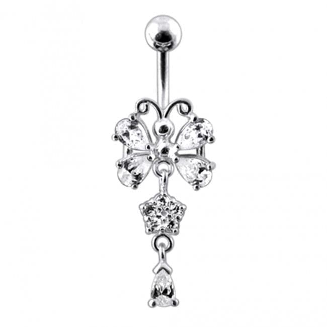 925 Sterling silver Butterfly With Flower Dangling Belly Ring - Monster Piercing