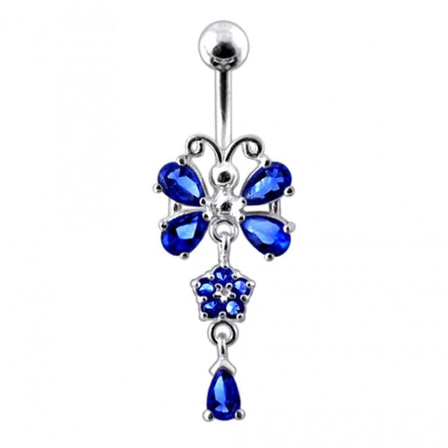 925 Sterling silver Butterfly With Flower Dangling Belly Ring - Monster Piercing