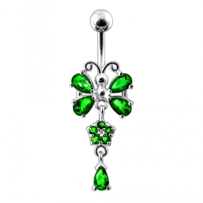 925 Sterling silver Butterfly With Flower Dangling Belly Ring - Monster Piercing