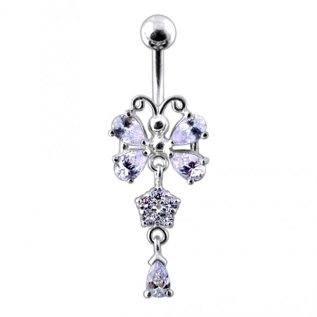 925 Sterling silver Butterfly With Flower Dangling Belly Ring - Monster Piercing