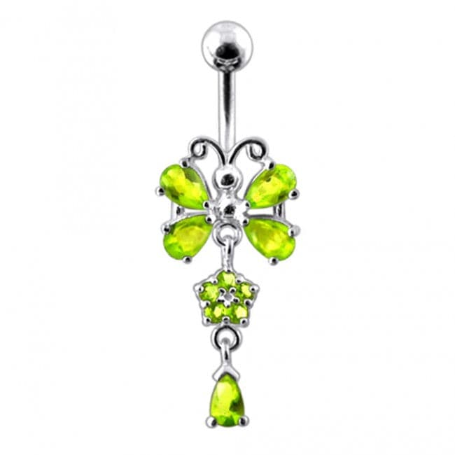 925 Sterling silver Butterfly With Flower Dangling Belly Ring - Monster Piercing