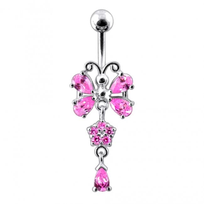 925 Sterling silver Butterfly With Flower Dangling Belly Ring - Monster Piercing