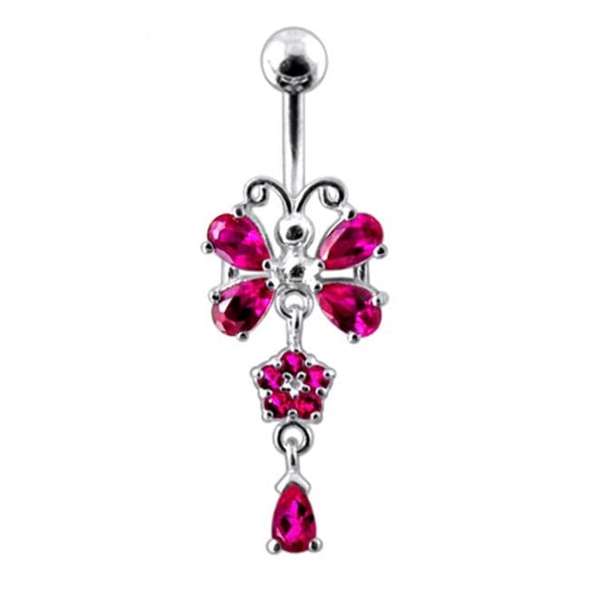 925 Sterling silver Butterfly With Flower Dangling Belly Ring - Monster Piercing