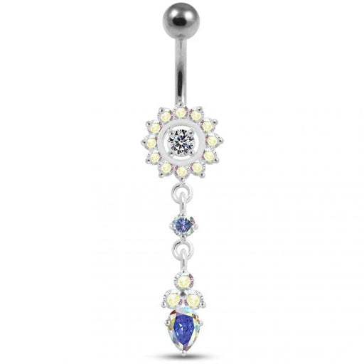 Silver Jeweled Flower Dangling With SS Banana Barbell Navel Belly Ring - Monster Piercing