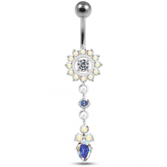 Silver Jeweled Flower Dangling With SS Banana Barbell Navel Belly Ring - Monster Piercing