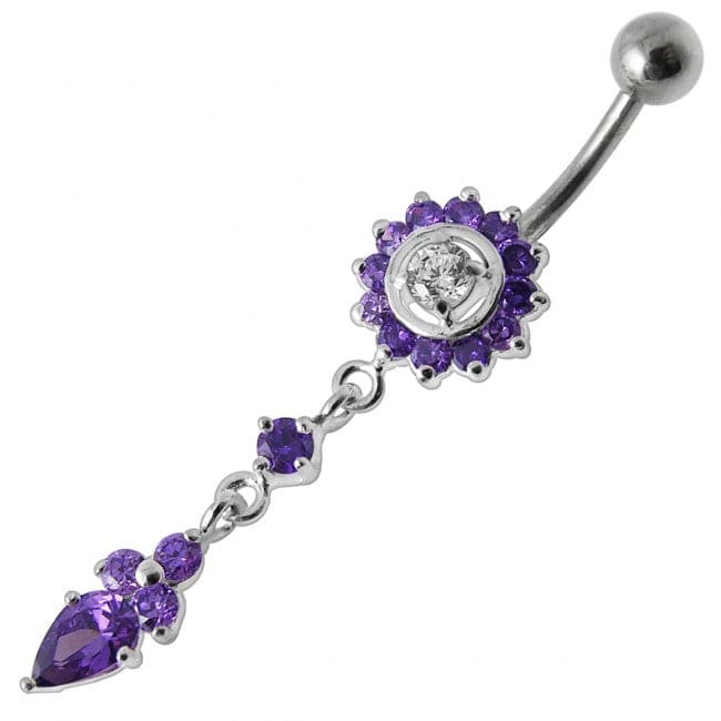 Silver Jeweled Flower Dangling With SS Banana Barbell Navel Belly Ring - Monster Piercing