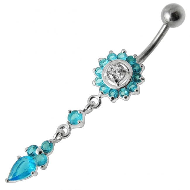 Silver Jeweled Flower Dangling With SS Banana Barbell Navel Belly Ring - Monster Piercing