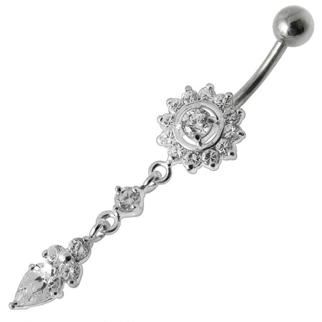 Silver Jeweled Flower Dangling With SS Banana Barbell Navel Belly Ring - Monster Piercing