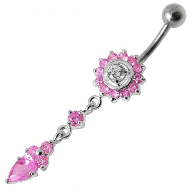 Silver Jeweled Flower Dangling With SS Banana Barbell Navel Belly Ring - Monster Piercing