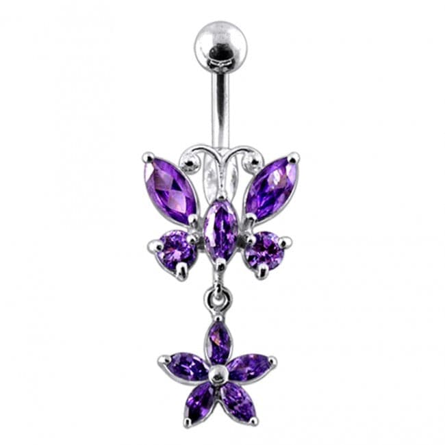 Butterfly and Flower Silver Dangling Navel Ring - Monster Piercing