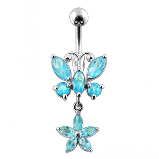 Butterfly and Flower Silver Dangling Navel Ring - Monster Piercing