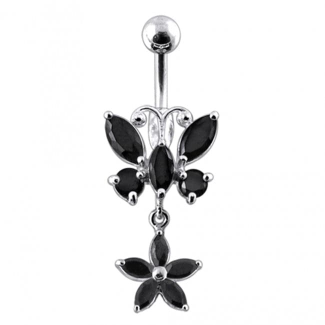 Butterfly and Flower Silver Dangling Navel Ring - Monster Piercing