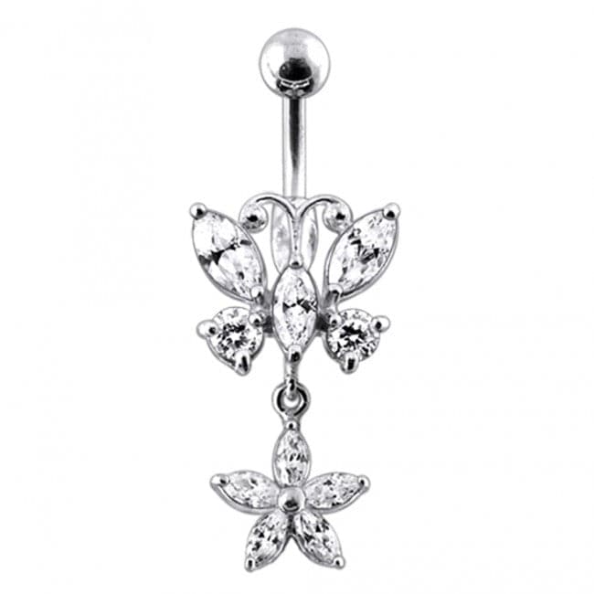 Butterfly and Flower Silver Dangling Navel Ring - Monster Piercing