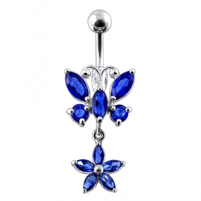 Butterfly and Flower Silver Dangling Navel Ring - Monster Piercing