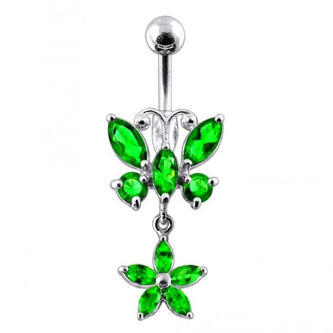 Butterfly and Flower Silver Dangling Navel Ring - Monster Piercing