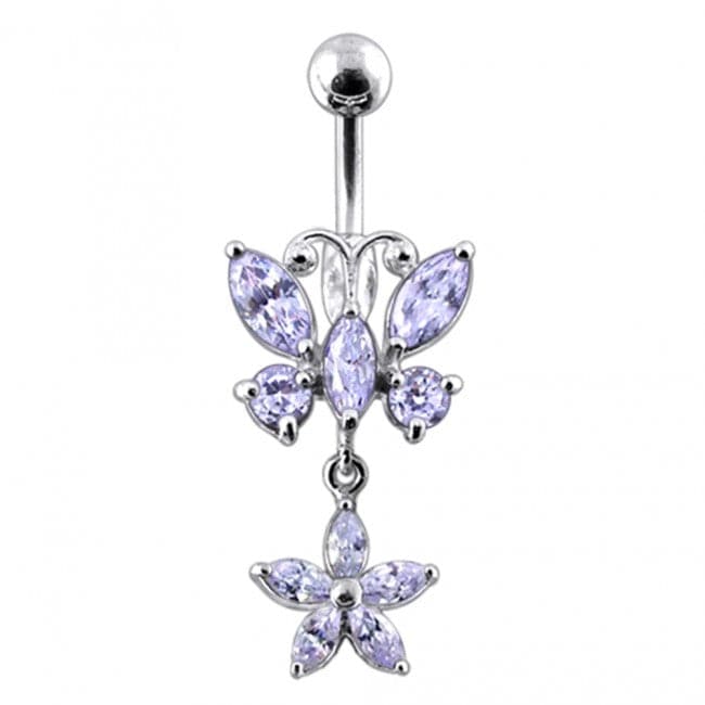 Butterfly and Flower Silver Dangling Navel Ring - Monster Piercing