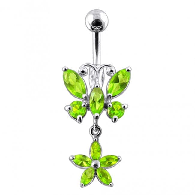 Butterfly and Flower Silver Dangling Navel Ring - Monster Piercing