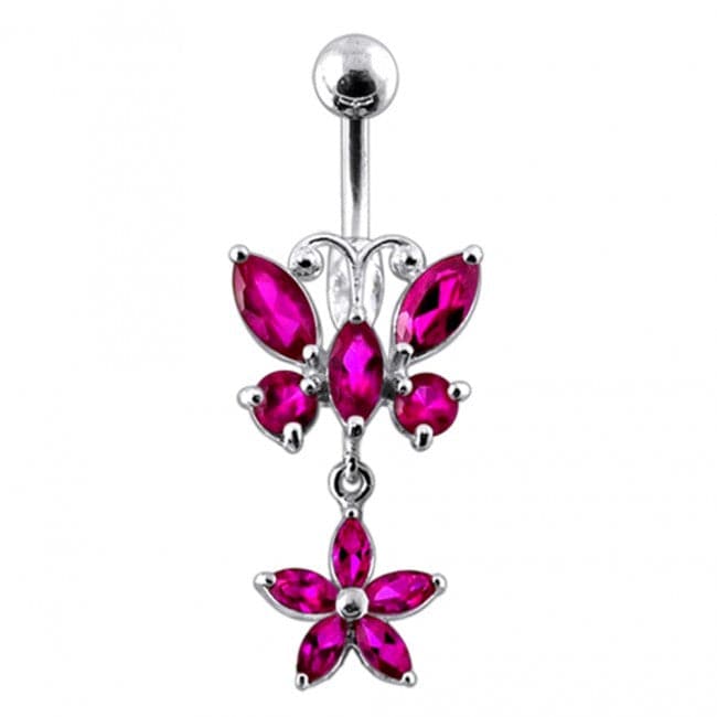 Butterfly and Flower Silver Dangling Navel Ring - Monster Piercing