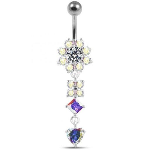 Silver Flower Jeweled Dangling 316L SS Curved Belly RingÊ - Monster Piercing