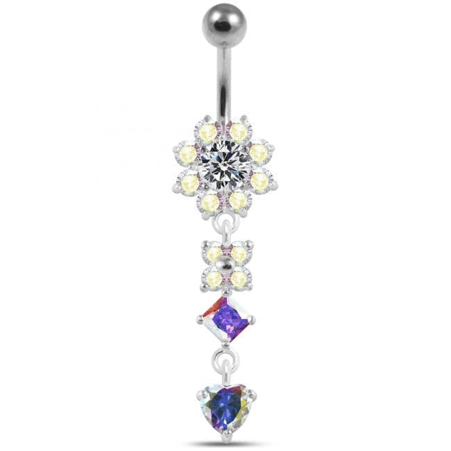 Silver Flower Jeweled Dangling 316L SS Curved Belly RingÊ - Monster Piercing