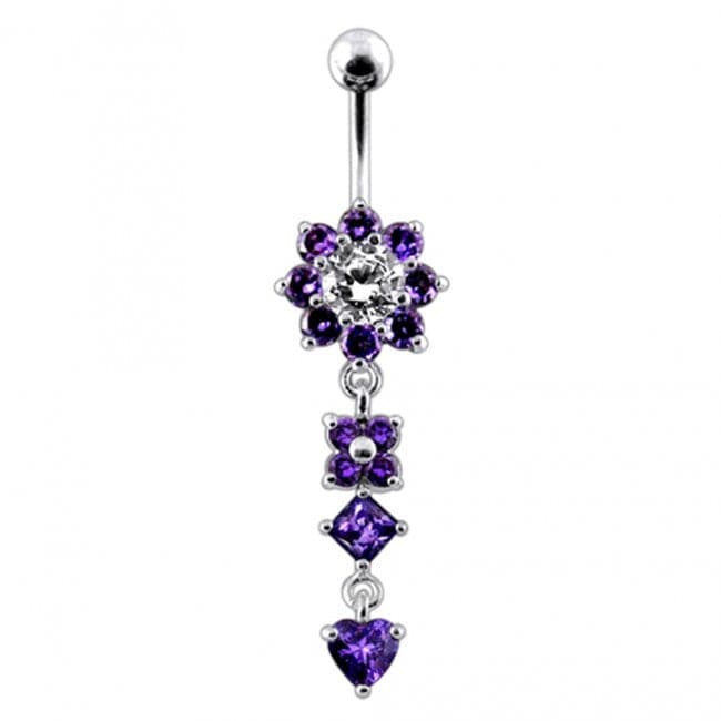 Silver Flower Jeweled Dangling 316L SS Curved Belly RingÊ - Monster Piercing