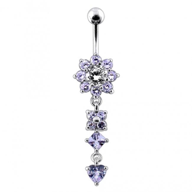 Silver Flower Jeweled Dangling 316L SS Curved Belly RingÊ - Monster Piercing