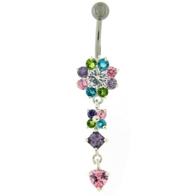 Silver Flower Jeweled Dangling 316L SS Curved Belly RingÊ - Monster Piercing