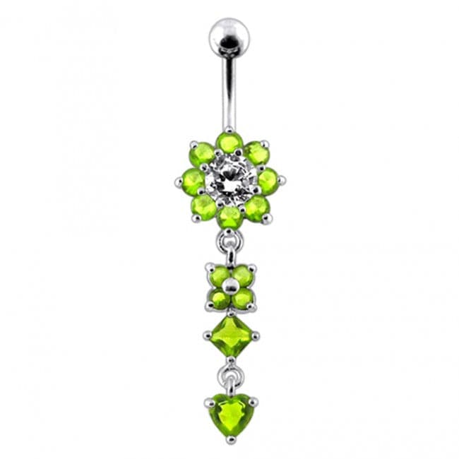 Silver Flower Jeweled Dangling 316L SS Curved Belly RingÊ - Monster Piercing