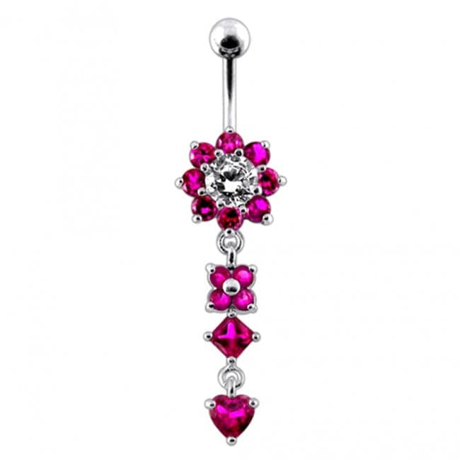 Silver Flower Jeweled Dangling 316L SS Curved Belly RingÊ - Monster Piercing