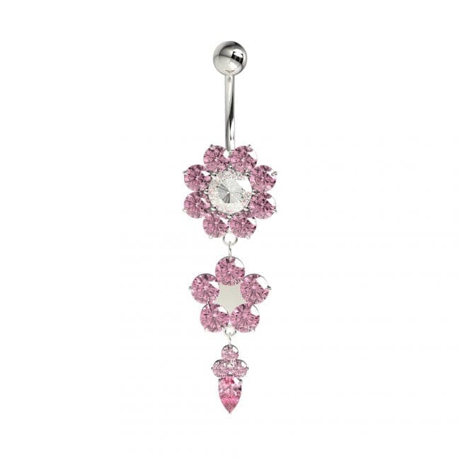 Double Pink Flower Silver Dangling SS Curved Bar Navel Belly Ring - Monster Piercing