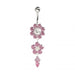 Double Pink Flower Silver Dangling SS Curved Bar Navel Belly Ring - Monster Piercing