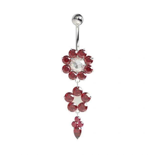 Double Pink Flower Silver Dangling SS Curved Bar Navel Belly Ring - Monster Piercing