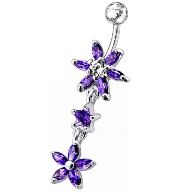 Double Flower Dangling SS Banana Curved Bar Navel Belly Ring - Monster Piercing