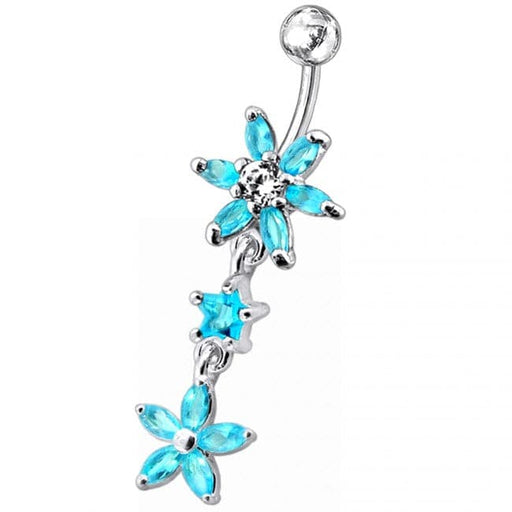 Double Flower Dangling SS Banana Curved Bar Navel Belly Ring - Monster Piercing