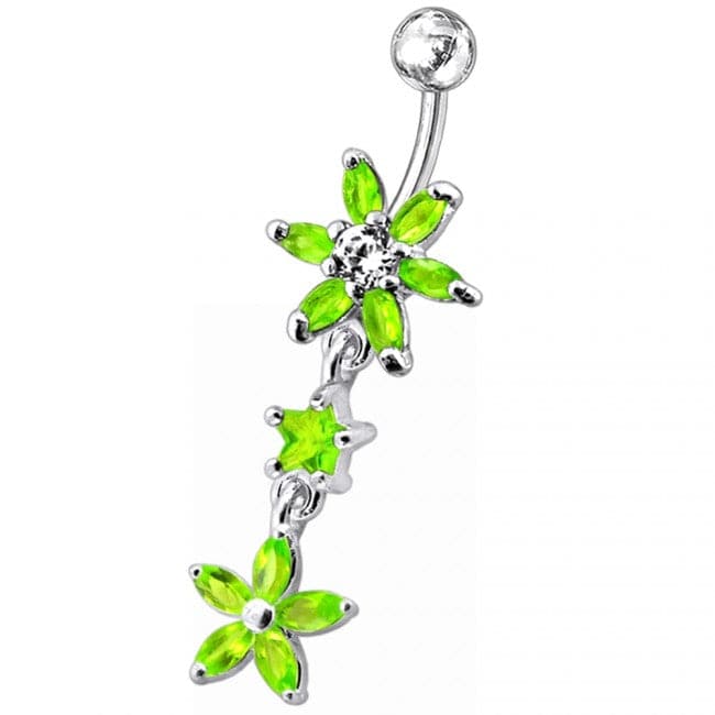 Double Flower Dangling SS Banana Curved Bar Navel Belly Ring - Monster Piercing