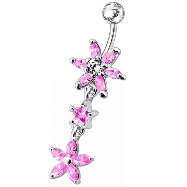 Double Flower Dangling SS Banana Curved Bar Navel Belly Ring - Monster Piercing