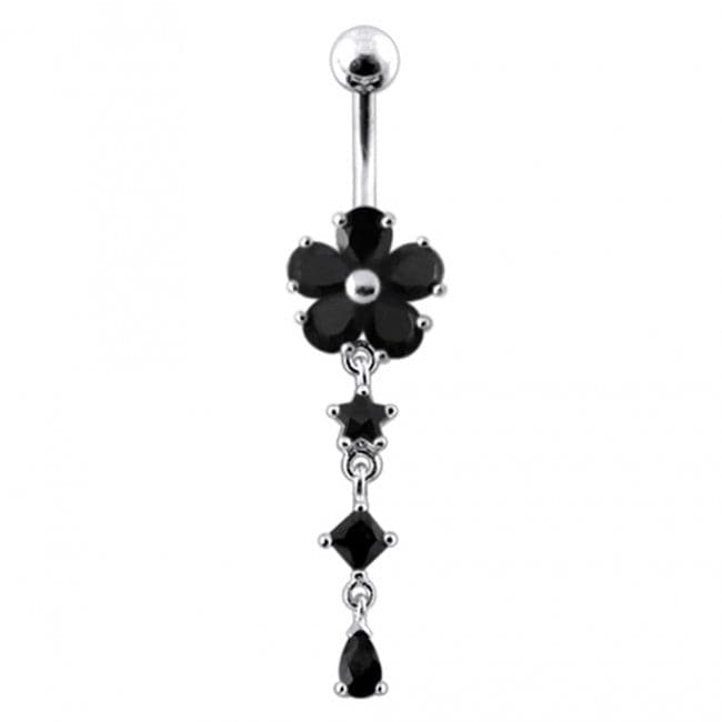 Enamel Flower Silver Dangling SS Banana Barbell Belly Ring - Monster Piercing