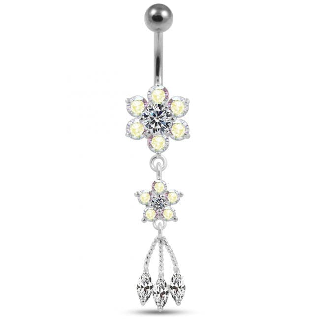 Jeweled Flower Dangling SS Curved Bar Belly Ring - Monster Piercing