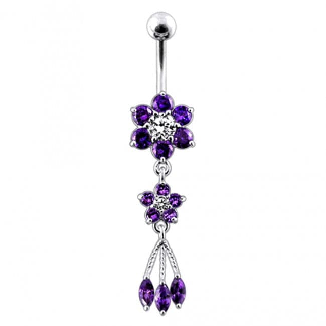 Jeweled Flower Dangling SS Curved Bar Belly Ring - Monster Piercing