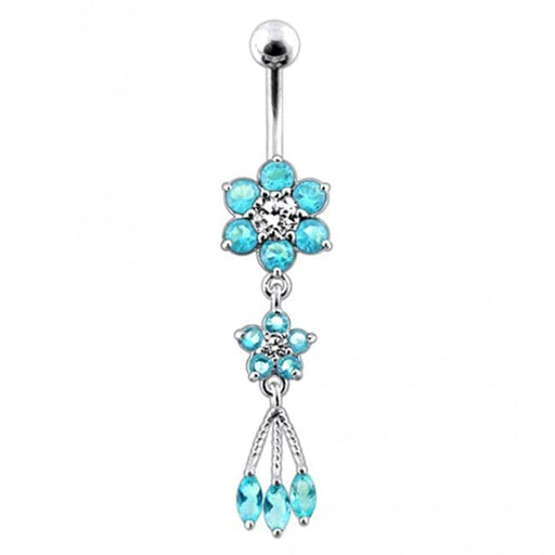 Jeweled Flower Dangling SS Curved Bar Belly Ring - Monster Piercing