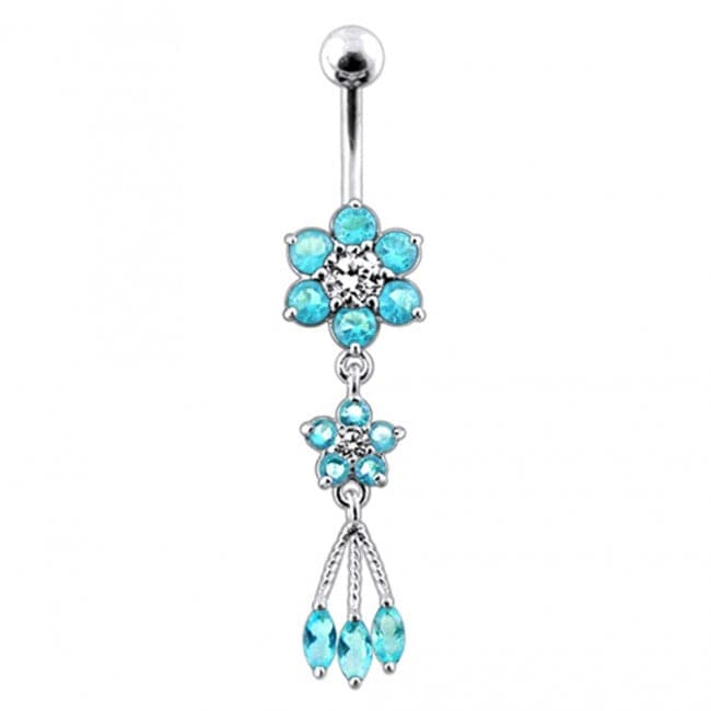 Jeweled Flower Dangling SS Curved Bar Belly Ring - Monster Piercing