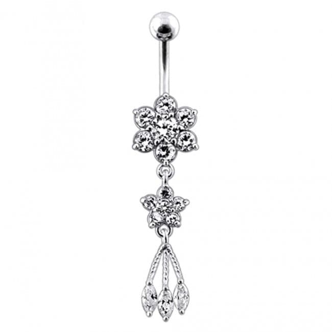 Jeweled Flower Dangling SS Curved Bar Belly Ring - Monster Piercing