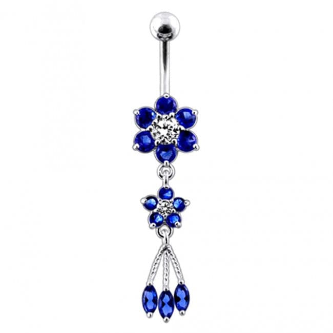 Jeweled Flower Dangling SS Curved Bar Belly Ring - Monster Piercing