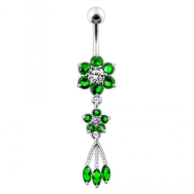 Jeweled Flower Dangling SS Curved Bar Belly Ring - Monster Piercing