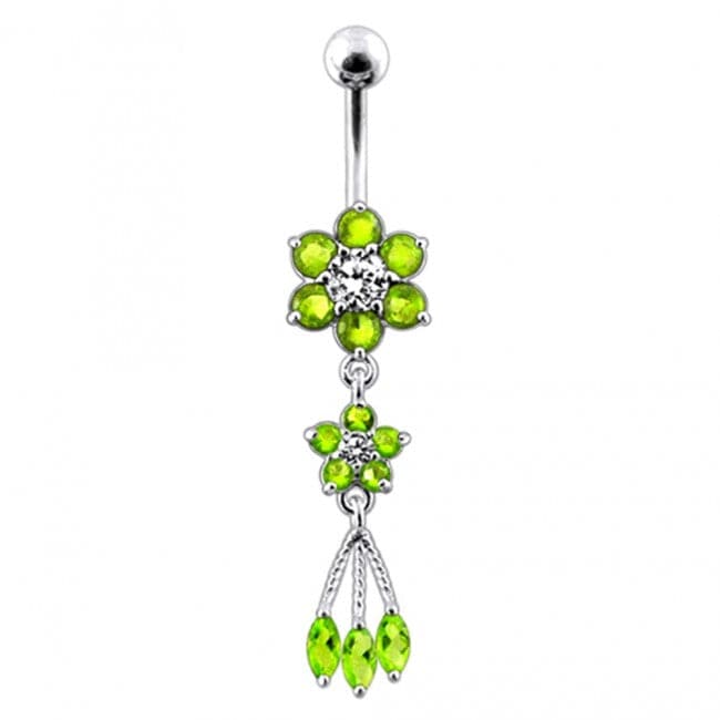 Jeweled Flower Dangling SS Curved Bar Belly Ring - Monster Piercing